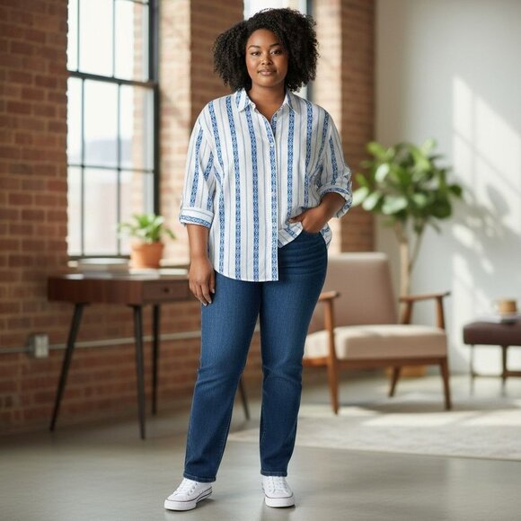 Striped Button-Up Shirt 3X Blue & White Geometric Print Long Sleeve Polyester - Picture 9 of 9